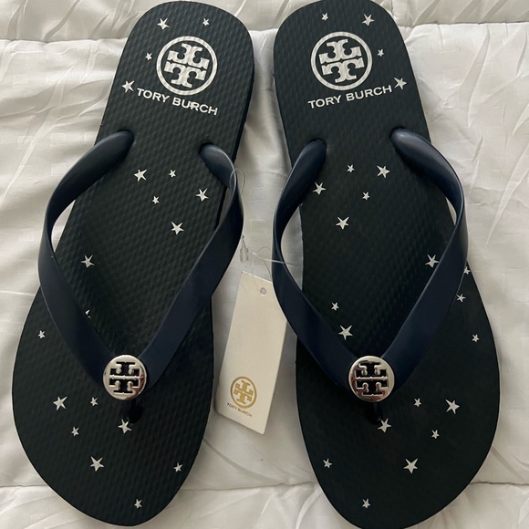 NWT Tory Burch Navy Blue Stargazer Star Logo Flip Flops Sandals